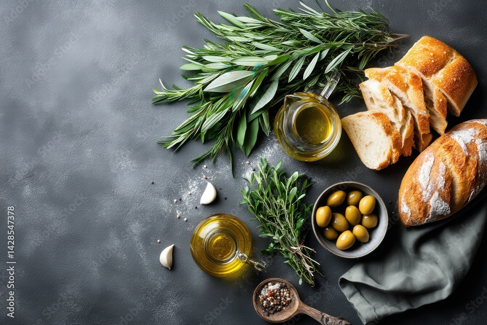 Fresh Ingredients for Mediterranean Cuisine with Olive Oil and Bread