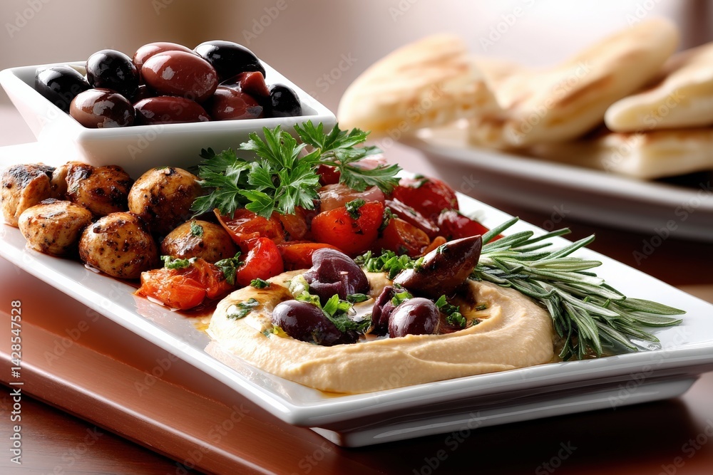 Fresh Mediterranean Dish with Hummus, Olives, and Grilled Vegetables