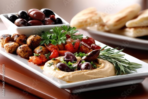 Obraz na płótnie Fresh Mediterranean Dish with Hummus, Olives, and Grilled Vegetables w salonie