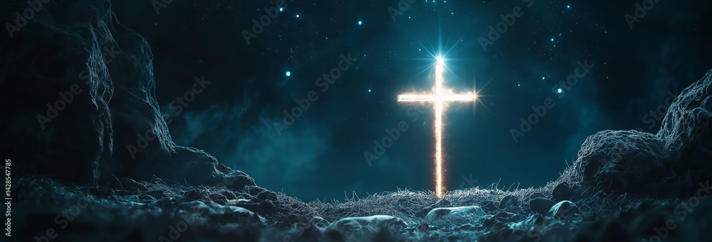A glowing cross placed under the Star of Bethlehem, blending the themes of Christ's birth