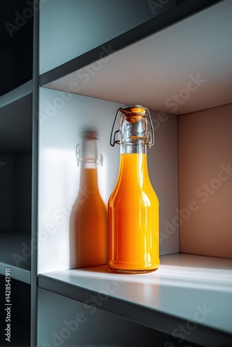 Obraz na płótnie Fresh Orange Juice in Glass Bottle on Shelving with Soft Lighting w salonie
