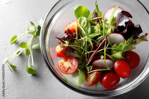 Obraz na płótnie Fresh Organic Salad with Cherry Tomatoes and Green Leaves in Bowl w salonie