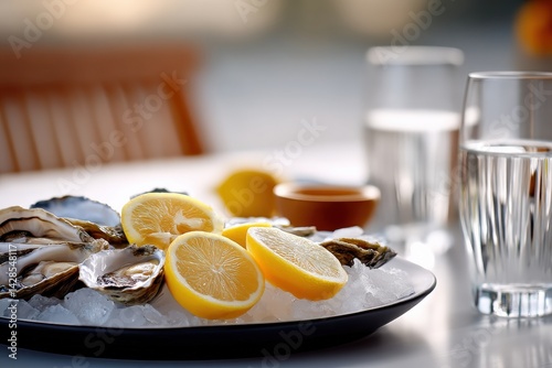 Obraz na płótnie Fresh Oysters on Ice with Lemon Slices and Water on Table w salonie