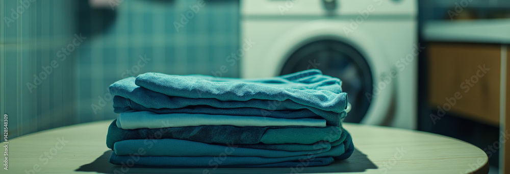 a neat stack of blue and green clothes lies on the table