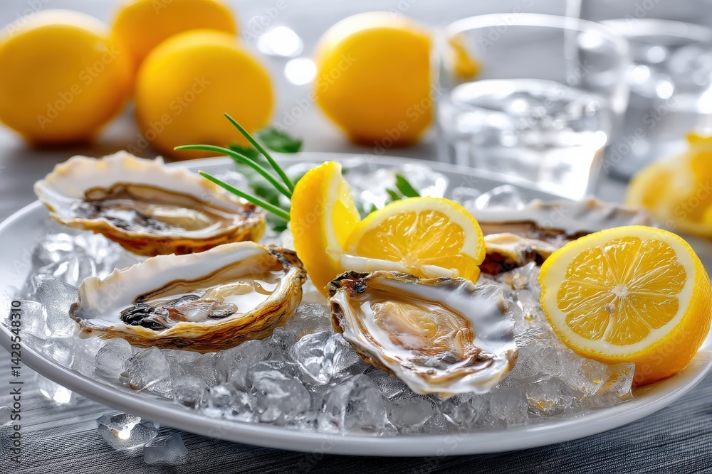 Fresh Oysters with Lemon Garnish on Ice for Culinary Delight