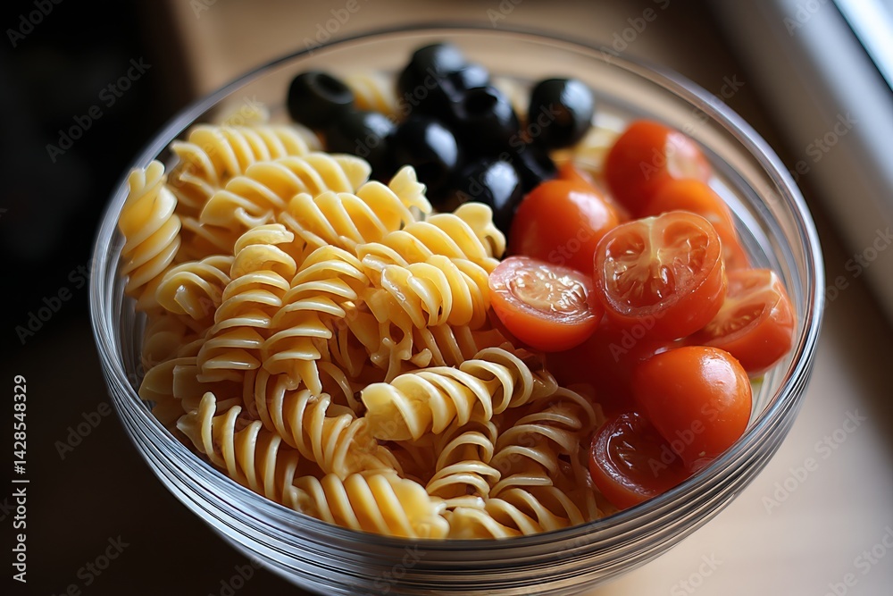 Fresh Pasta Dish with Cherry Tomatoes and Black Olives on a Table