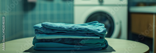 Obraz na płótnie a neat stack of blue and green clothes lies on the table w salonie