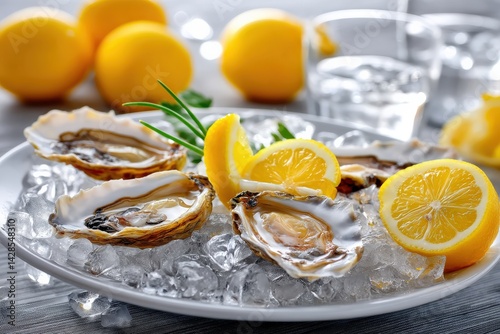Obraz na płótnie Fresh Oysters with Lemon Garnish on Ice for Culinary Delight w salonie