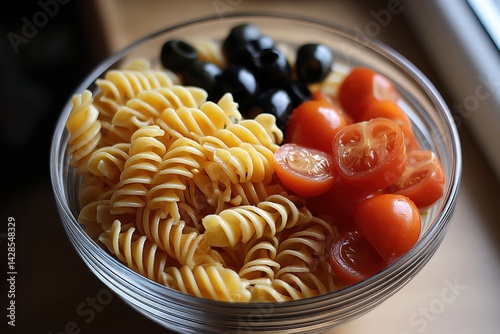 Obraz na płótnie Fresh Pasta Dish with Cherry Tomatoes and Black Olives on a Table w salonie