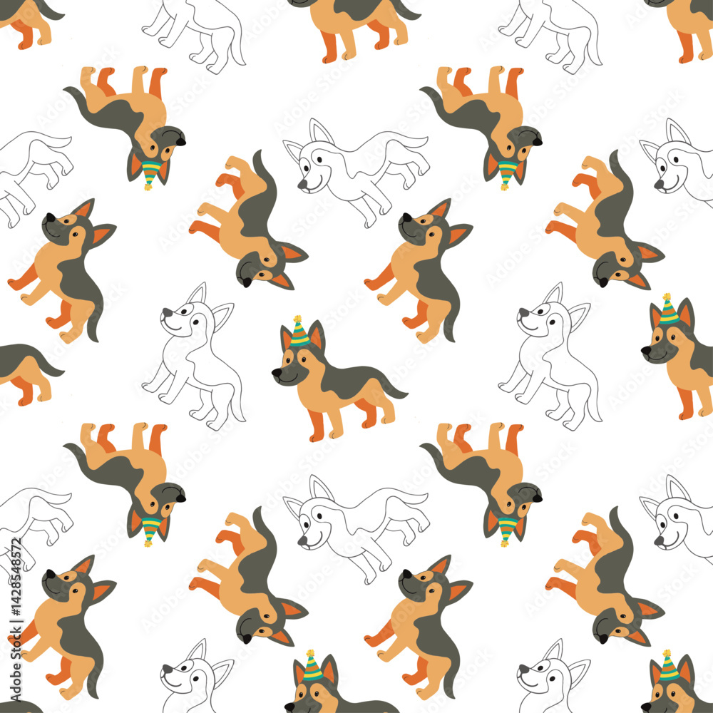 Seamless pattern design featuring cheerful German Shepherd cartoon dogs, some wearing festive party hats, on a black background with subtle outlined dog silhouettes. Ideal for pet-themed products, kid Seamless pattern design featuring cheerful German Shepherd cartoon dogs, some wearing festive party hats, on a black background with subtle outlined dog silhouettes. Ideal for pet-themed products, kid