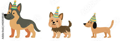 Adorable cartoon illustration of three dogs—German Shepherd, Yorkshire Terrier, and Dachshund—all wearing festive striped party hats. Perfect for birthday invitations, pet-themed products, or kids’ de