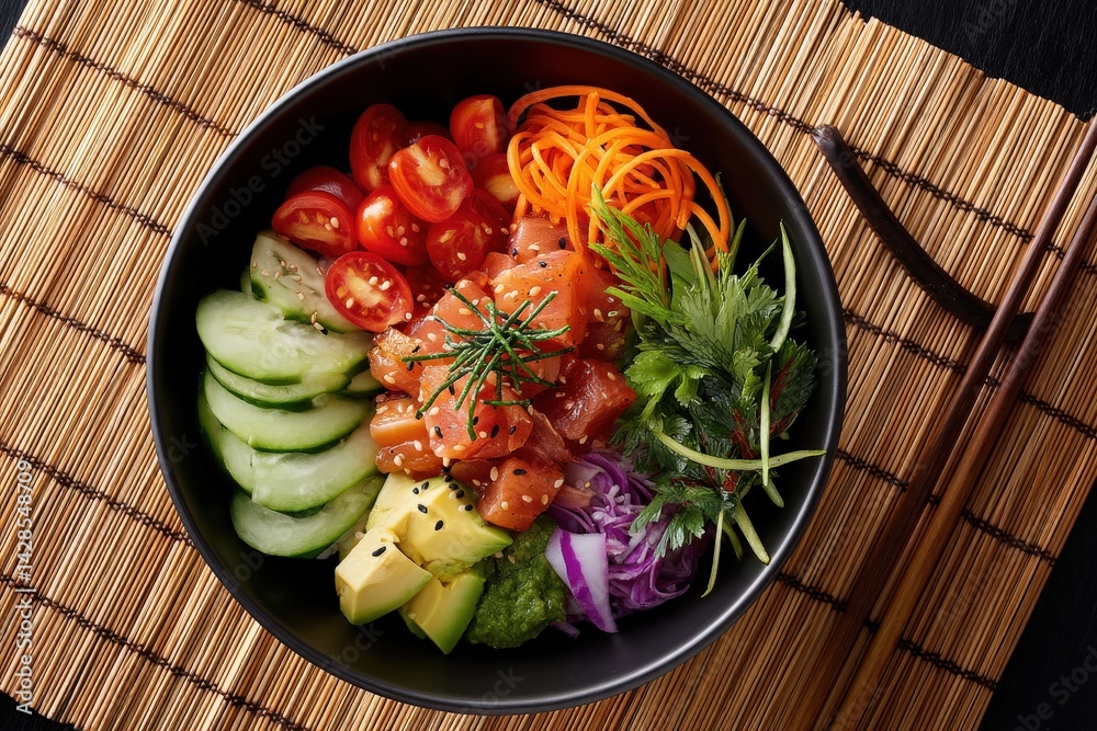 Fresh Poke Bowl with Avocado, Vegetables, and Salmon on a Table