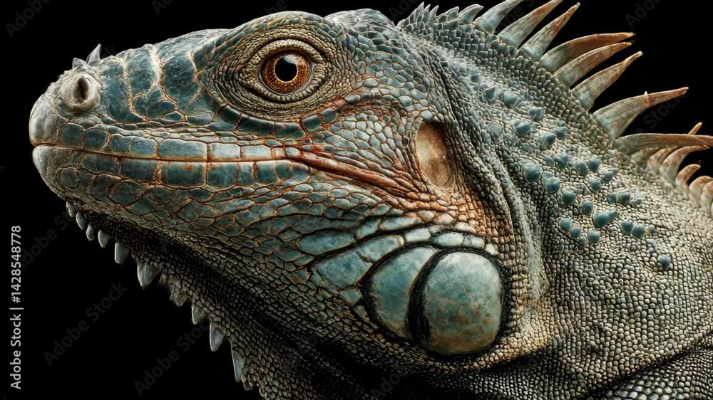 Striking, close-up portrait of a turquoise iguana head on a black backdrop. Striking, close-up portrait of a turquoise iguana head on a black backdrop.