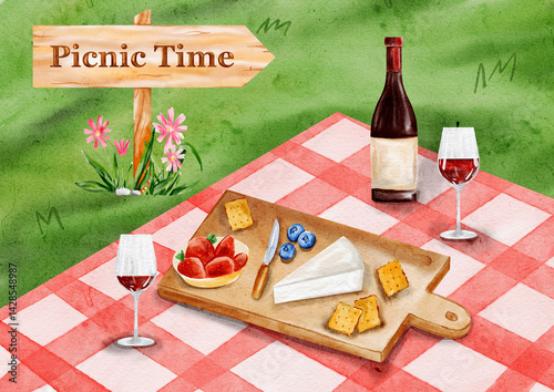 Watercolor illustration of picnic meal with wine, lunch, and flowers, artistic design for International Picnic Day advertising, marketing, and social media banner