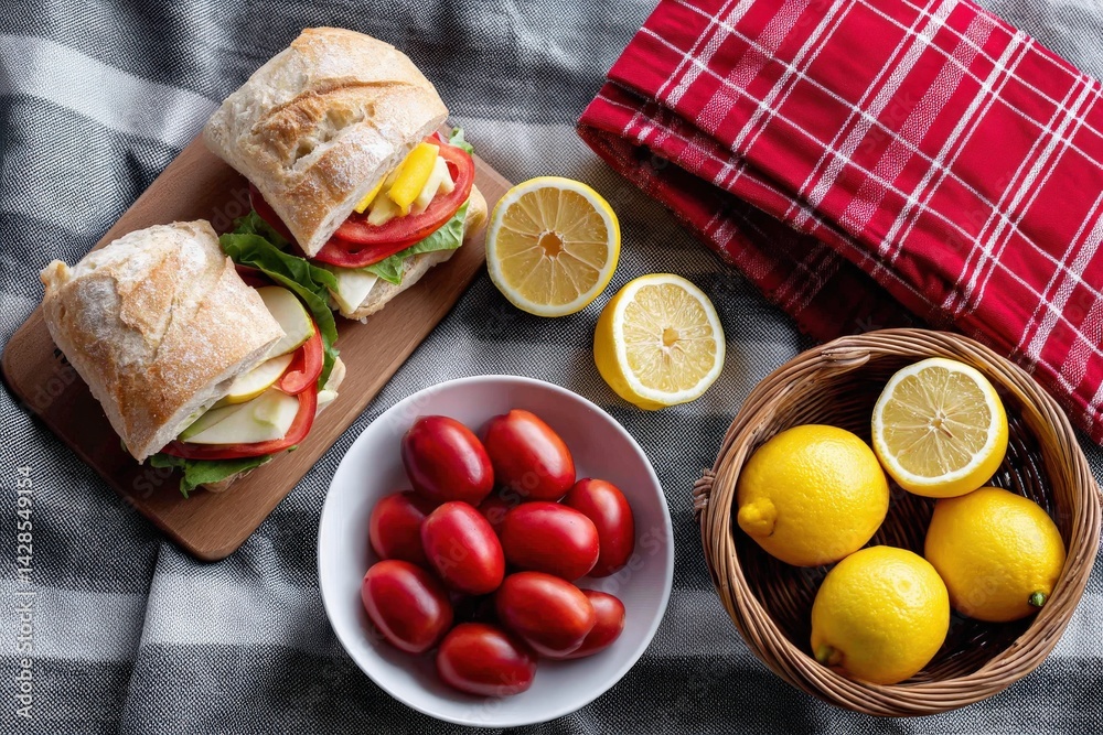 Fresh Sandwiches with Vegetables and Juicy Lemons on Table
