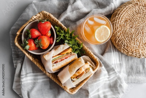 Fresh Sandwiches with Strawberries and Lemon Drink in Natural Light