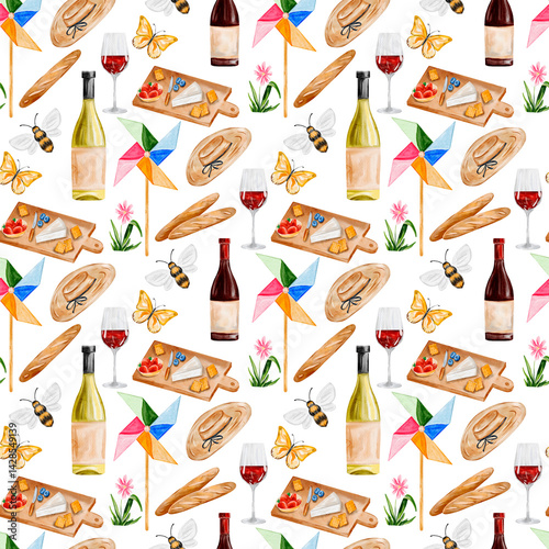 Joyful International Picnic Day pattern with basket, snacks, and wine, watercolor art for seasonal outdoor meal, family gathering, and park celebration