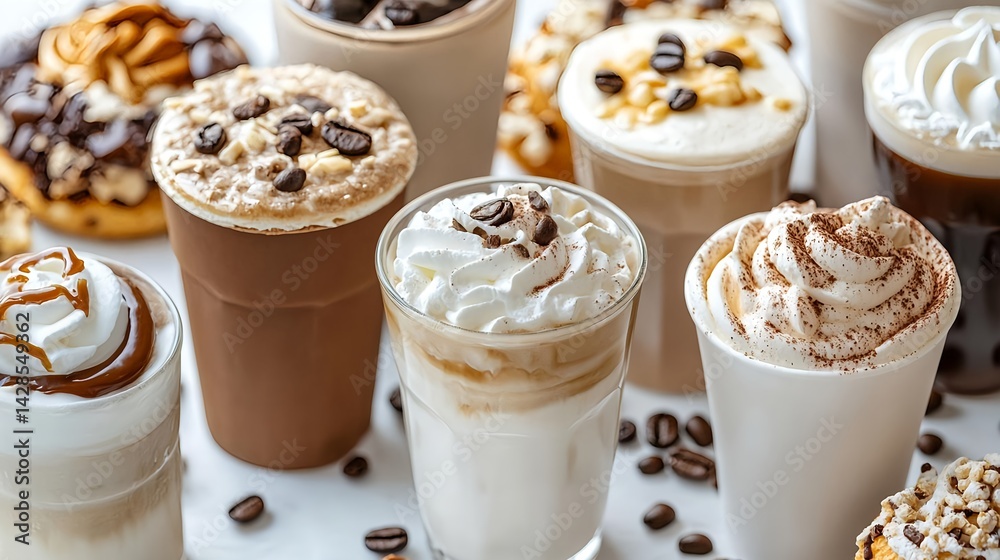 Enticing Display of Deluxe Coffee Drinks with Creamy Toppings Enticing Display of Deluxe Coffee Drinks with Creamy Toppings