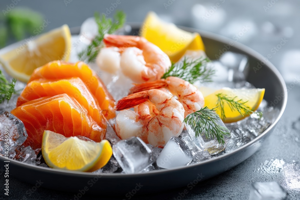 Fresh Seafood Platter with Shrimp, Salmon, and Lemon Garnish