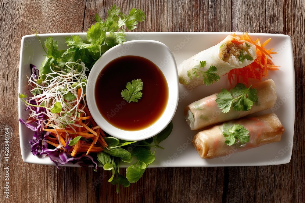 Fresh Spring Rolls with Dipping Sauce and Colorful Vegetables