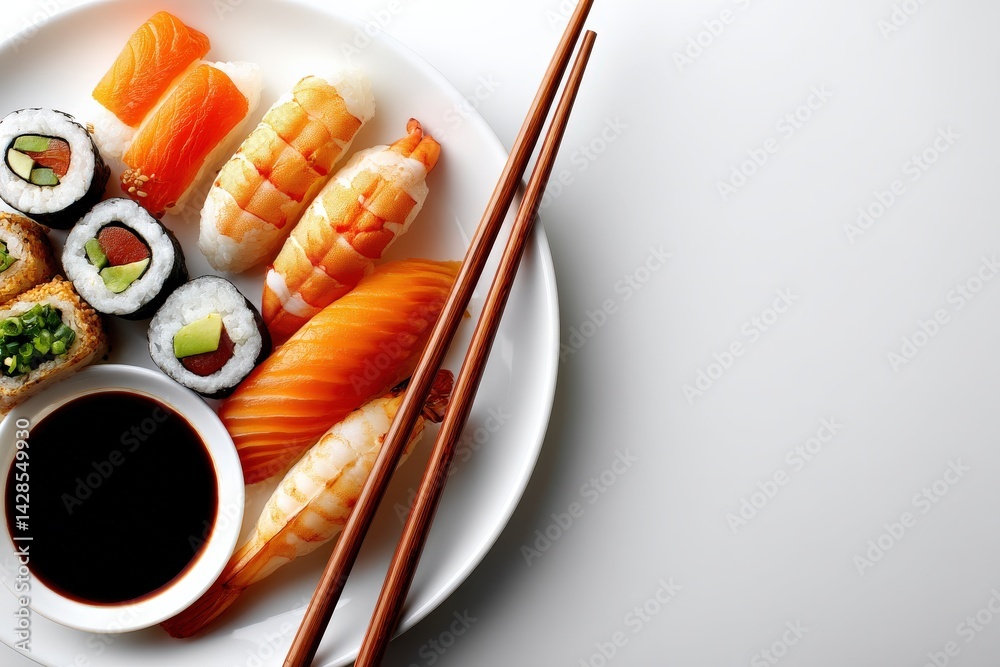 Fresh Sushi Platter with Assorted Varieties and Soy Sauce