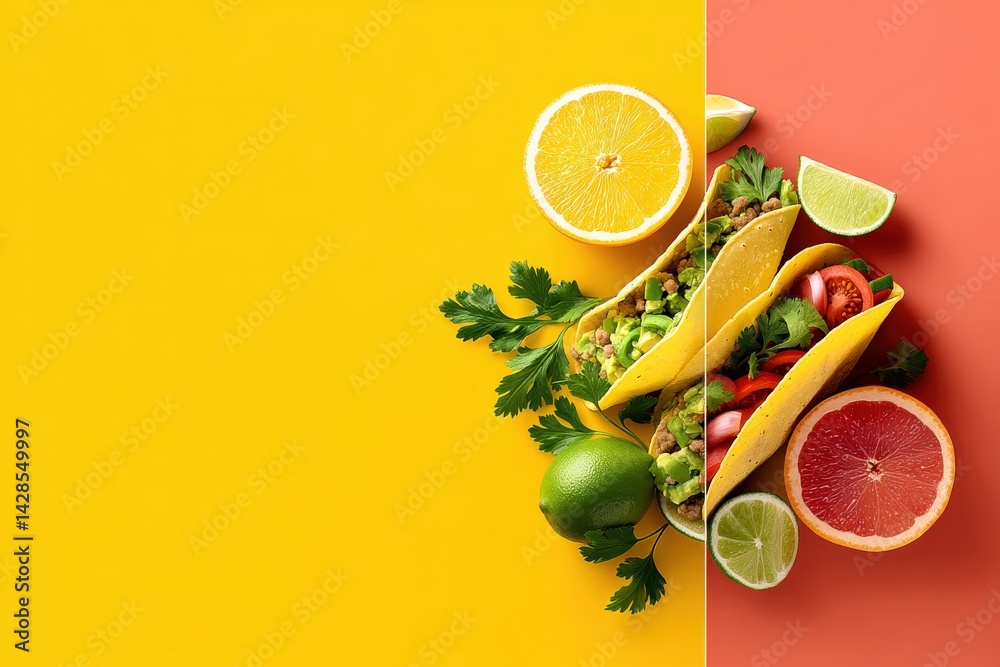 Fresh Tacos with Citrus Fruits on Vibrant Background Colors
