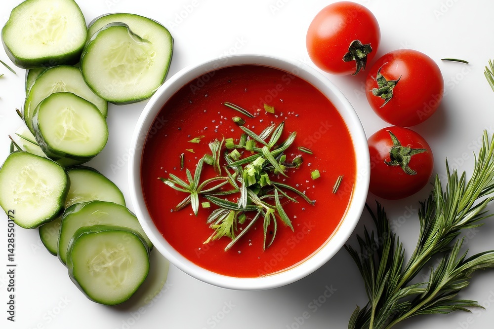 Fresh Tomato Soup with Cucumbers and Herbs on a White Background