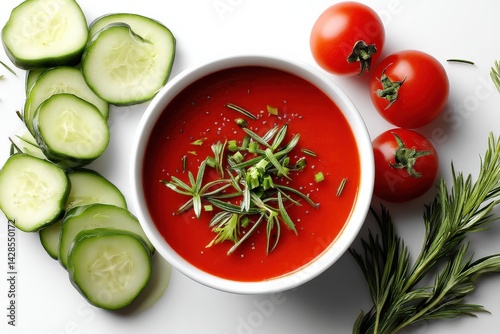 Obraz na płótnie Fresh Tomato Soup with Cucumbers and Herbs on a White Background w salonie