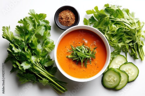 Fresh Tomato Soup with Herbs and Sliced Cucumbers on White Surface
