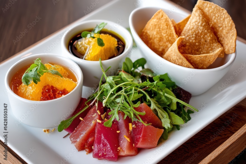 Fresh Tuna with Citrus, Greens, and Crispy Chips on a Plate