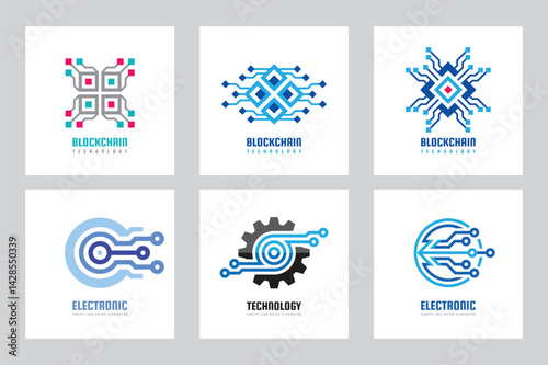 Electronic technology business logo set template concept vector illustration. Gear electronic factory sign. Cog wheel technology symbol. SEO emblem. Blockchain network communication. Design element.