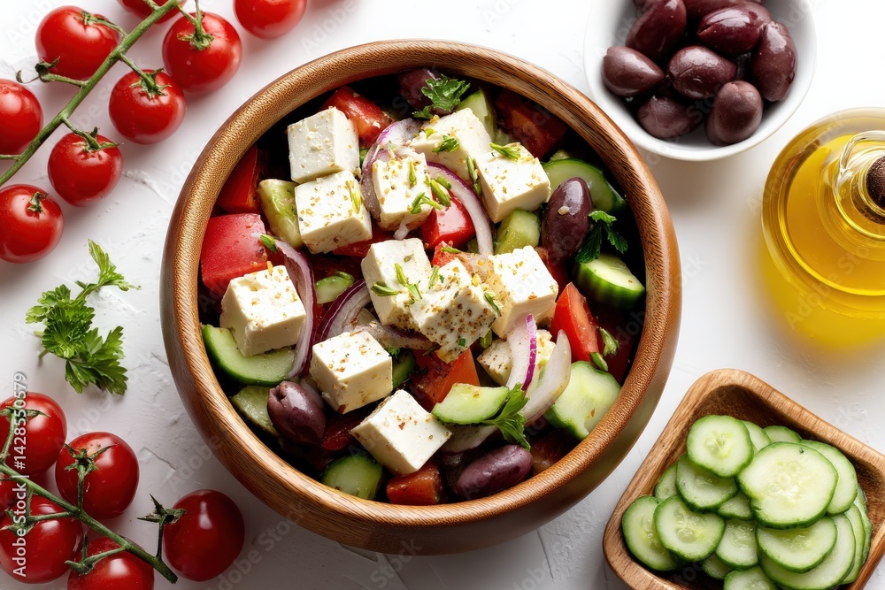 Fresh Vegetable Salad with Feta Cheese and Olives in Wooden Bowl