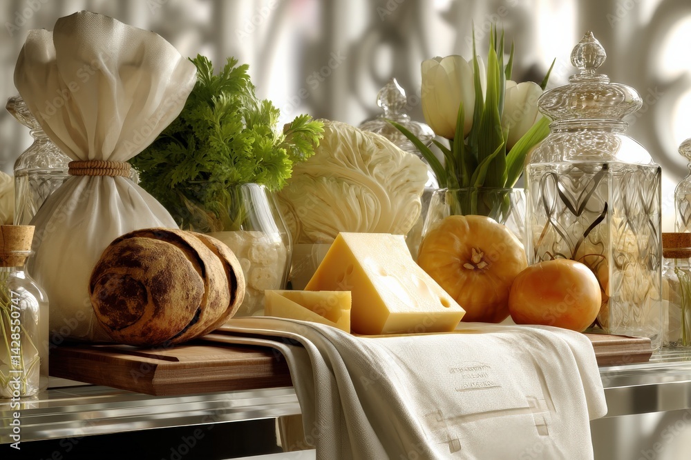 Fresh Vegetables and Cheese Displayed on an Elegant Table Setting
