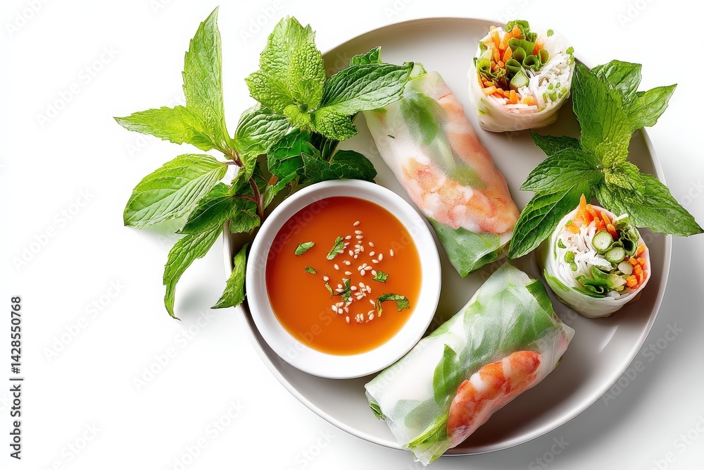 Fresh Vietnamese Spring Rolls with Dipping Sauce on White Plate