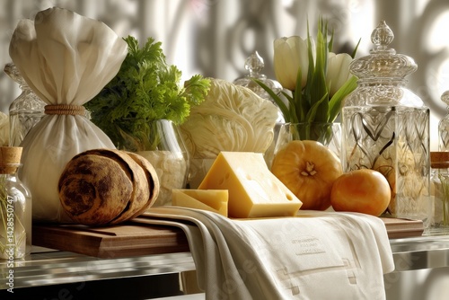 Obraz na płótnie Fresh Vegetables and Cheese Displayed on an Elegant Table Setting w salonie
