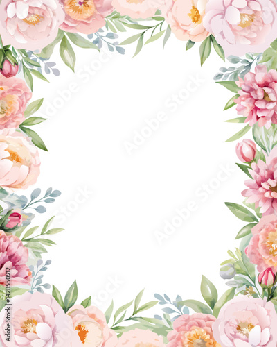 Floral border, greeting card with flowers, can be used as invitation card for wedding, birthday and other holiday and summer background, watercolor peonies