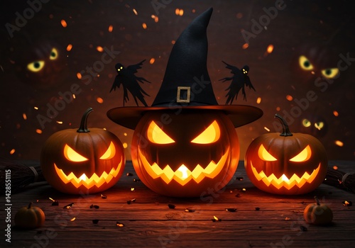 Glowing Jack-o'-Lanterns with Witch Hat and Ghosts Halloween Decoration