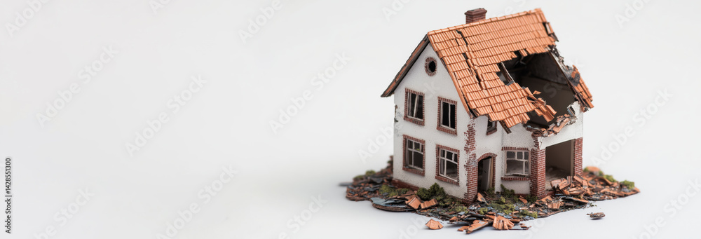 Broken miniature house model in perspective, in wihite background
