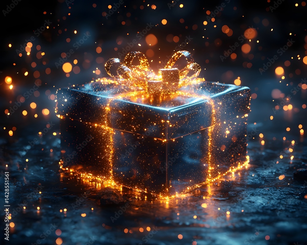 Futuristic holographic gift box glowing with light