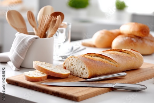 Obraz na płótnie Freshly Baked Bread on Wooden Cutting Board with Kitchen Tools w salonie