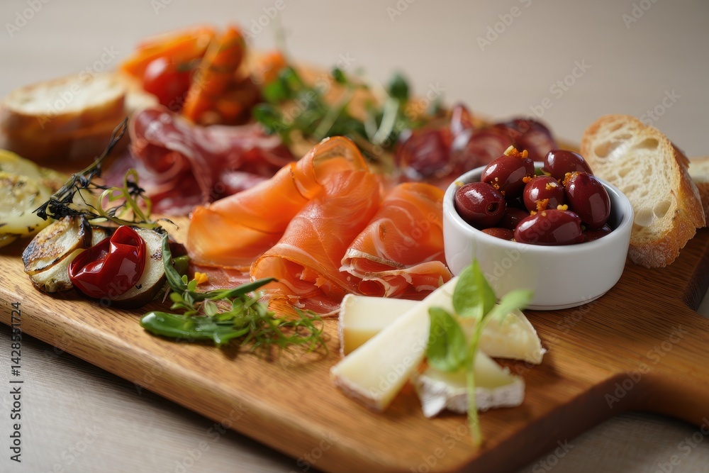 Appetizers with different antipasti, charcuterie, snacks, meat platter with cheese and spicy olives, salmon carpaccio