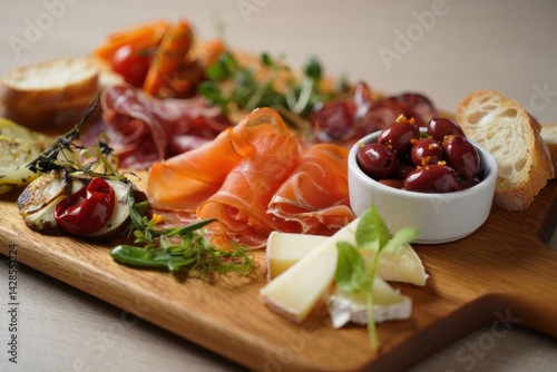 Obraz na płótnie Appetizers with different antipasti, charcuterie, snacks, meat platter with cheese and spicy olives, salmon carpaccio w salonie