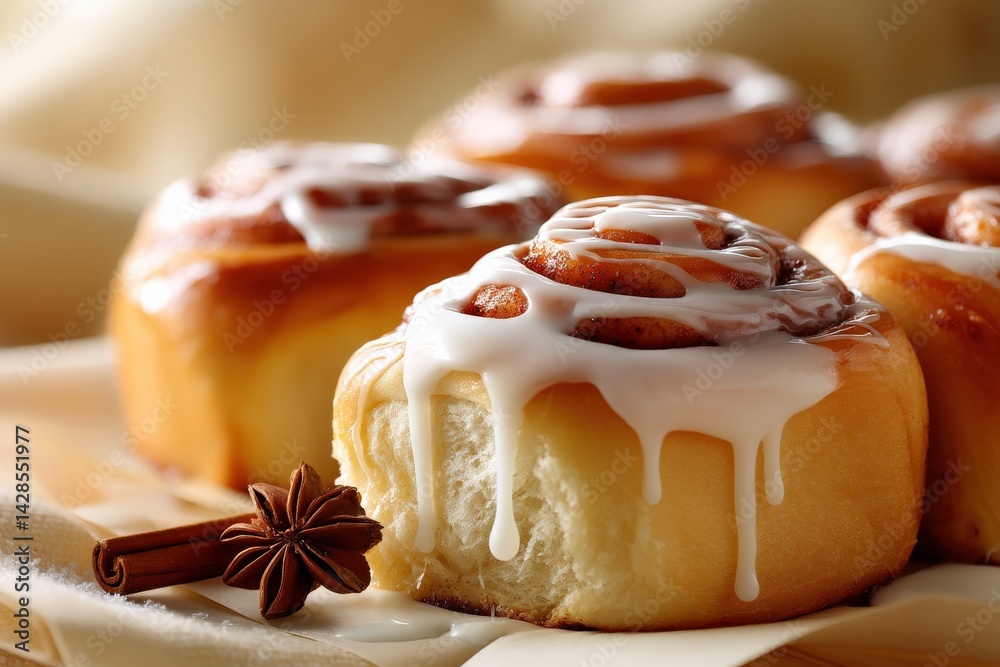 Freshly Baked Cinnamon Roll with Creamy Icing on Wooden Surface