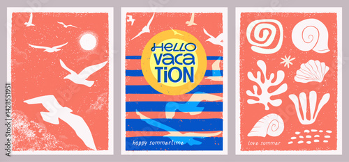 stamp print  effect marine set of posters, modern hand drawn summer illustration, grunge, grain, concept, cover, background, template, vector