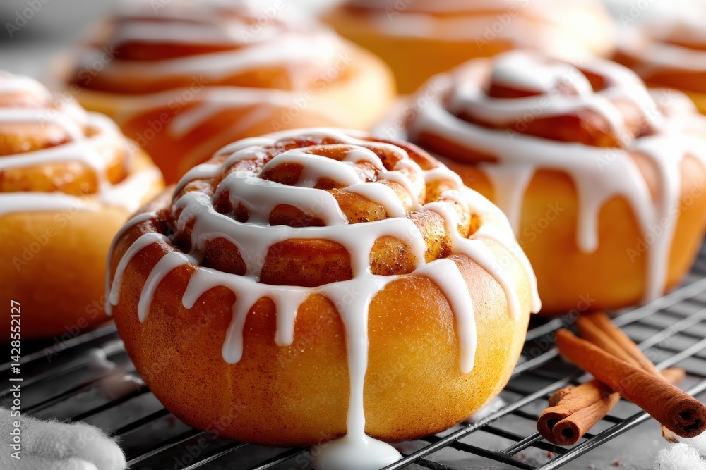 Freshly Baked Cinnamon Rolls with Creamy Icing Drizzle on Wire Rack