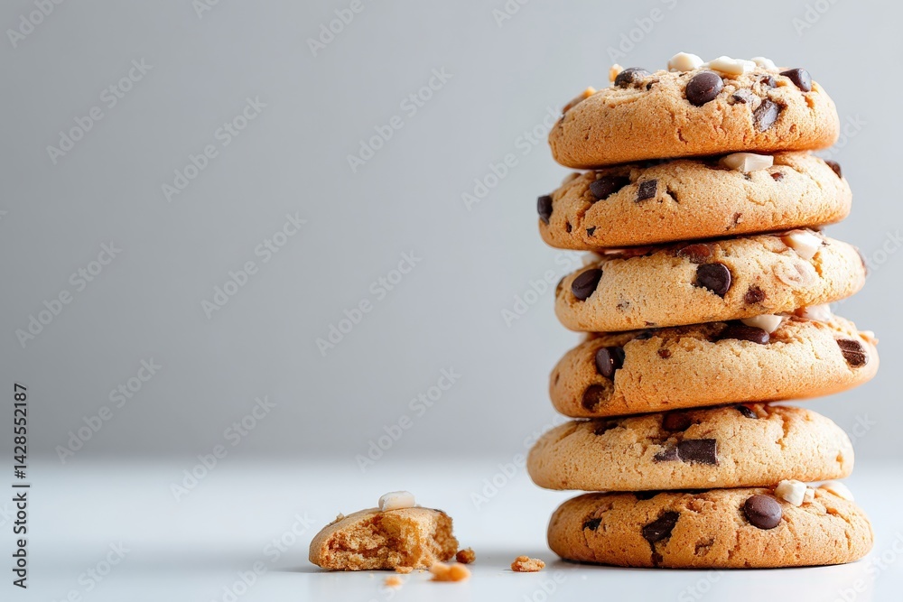 Freshly Baked Cookies Stack with Chocolate Chips on White Background