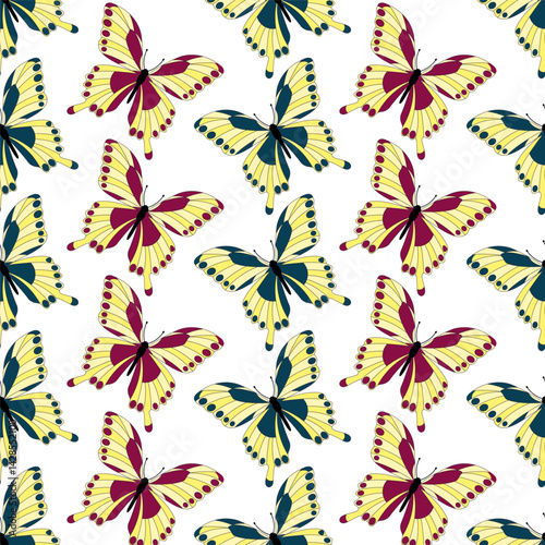 Bright colorful swallowtail butterflies. Seamless decorative pattern on transparent background.