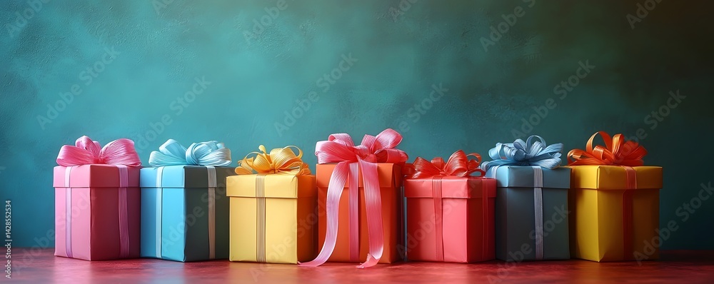 Colorful stacked gift boxes with ribbons
