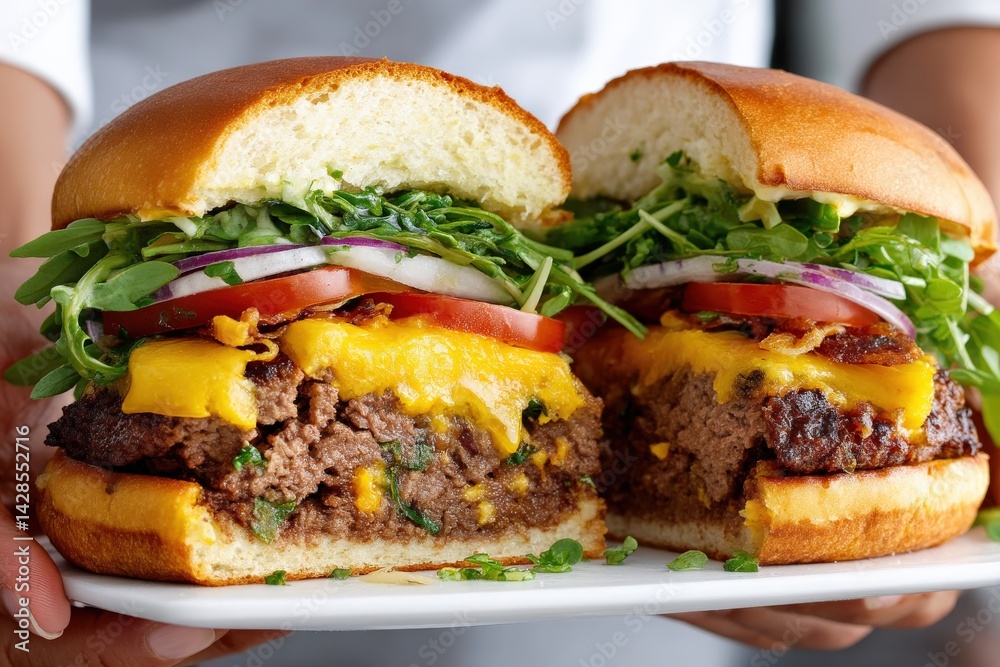 Freshly Made Cheeseburger with Vegetables on a Plate