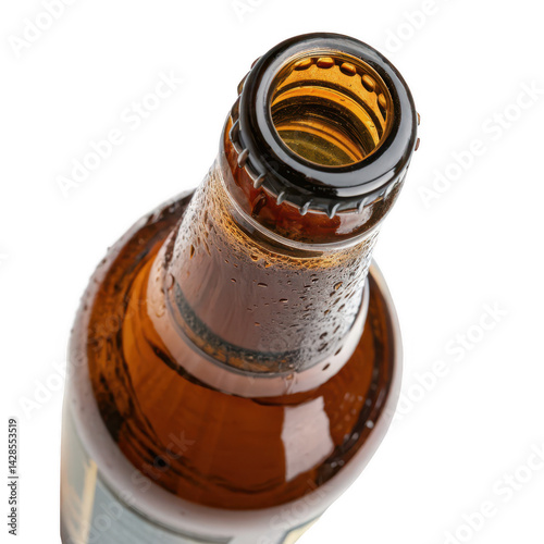 Close-up Top View of a Cold Beer Bottle, Condensation Visible, Photorealistic Image